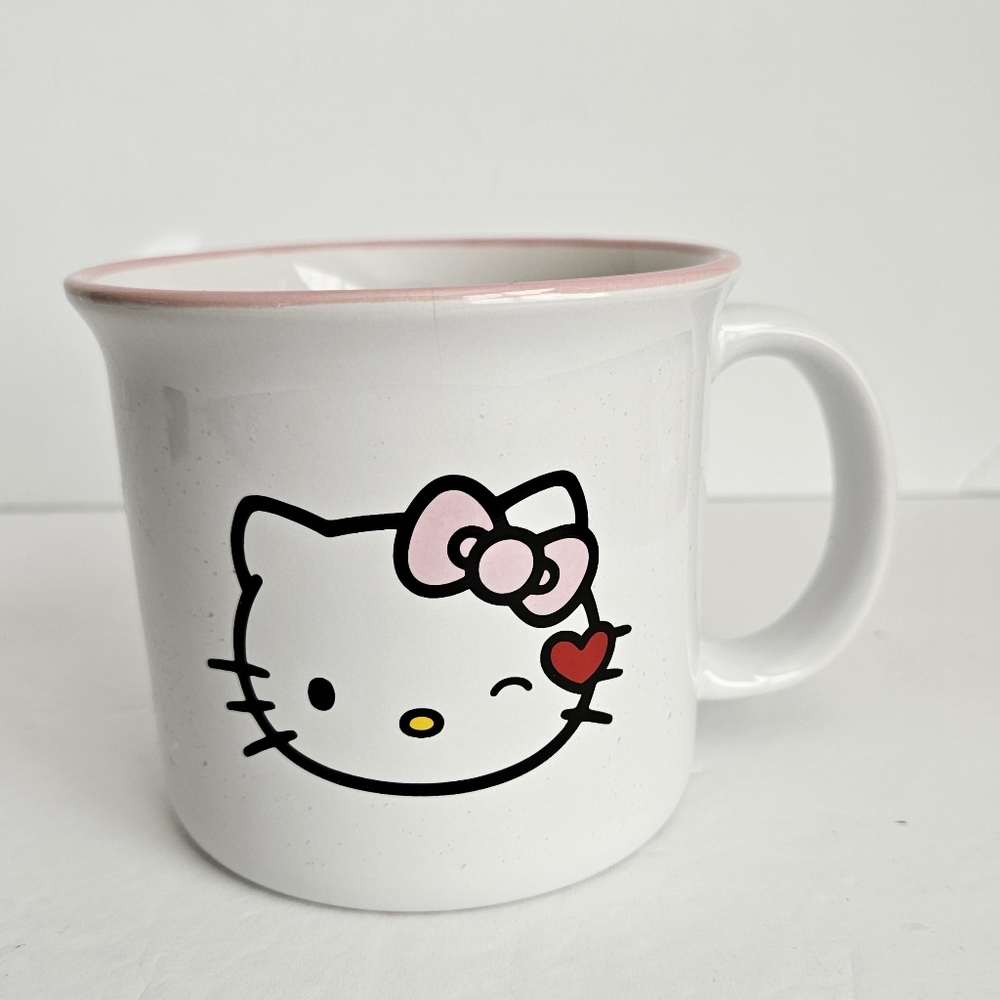 NWOT Sanrio Hello Kitty Mug White Pink Rim and Speckles‎ Ceramic 16oz